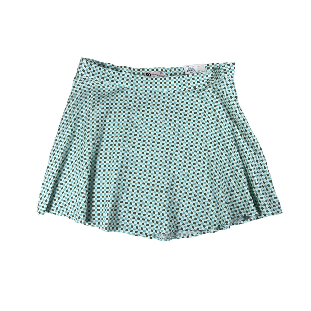 SO Skater Mini Skirt Womens XL Green Teal‎ Checkered High Rise Rayon Retro NWT